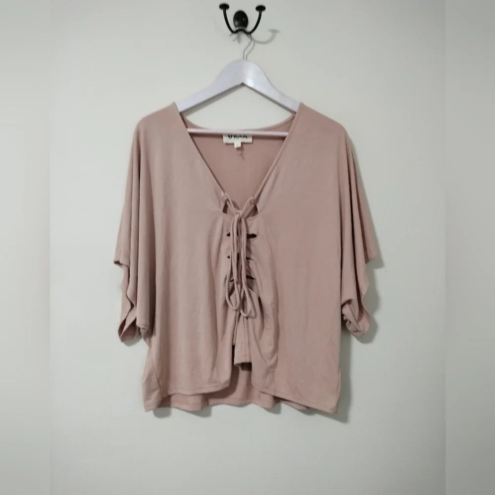 Tricot by C'est Toi Blush Dusty Pink Size Small Tie Front Dolman Top Blouse